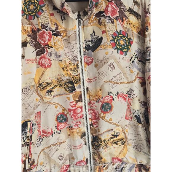 Vintage MURELI Bomber Zip-up Artsy Beige Black Rose 100% Silk Jacket Size L - Picture 7 of 8